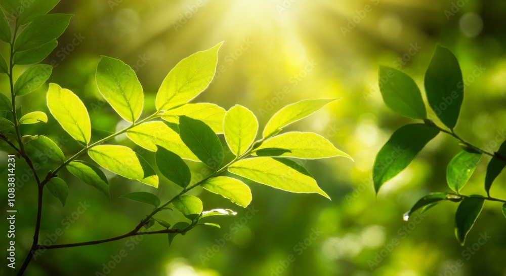 Obraz premium Radiant Green Leaves: Sunlight Streaming Through the Lush Canopy