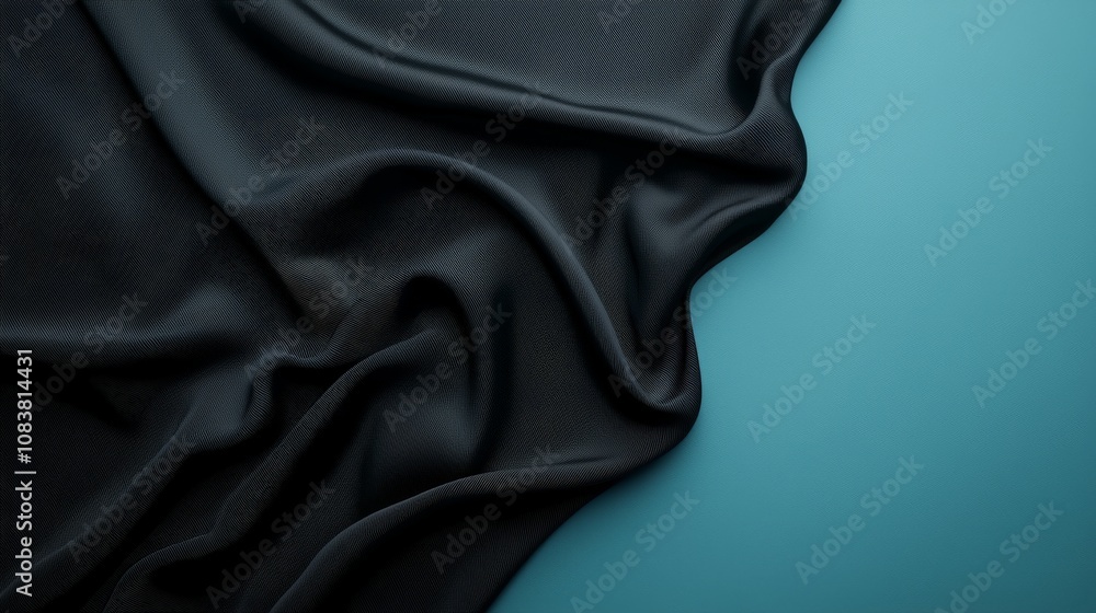 Fototapeta premium A rich, textured black fabric drapes elegantly over a teal surface, creating a contrast between dark and vibrant tones.