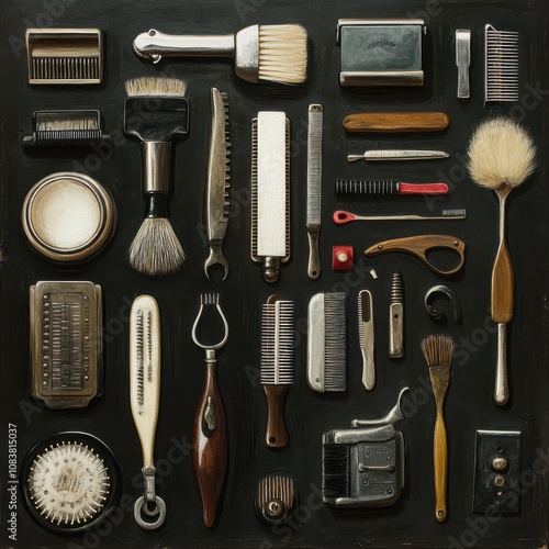 Assortment of vintage grooming tools on black background. photo