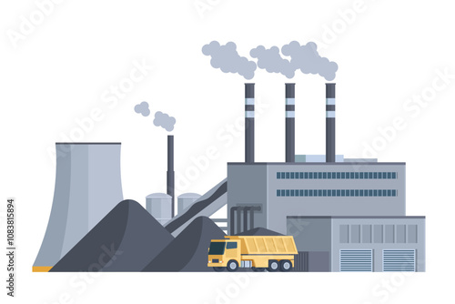 Coal power plant flat vector front view illustration, flat style, editable element