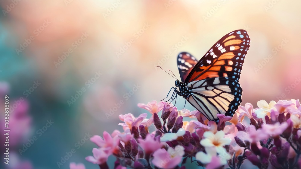 Fototapeta premium A vibrant butterfly perches on colorful flowers amidst a soft, dreamy background, showcasing nature's delicate beauty.