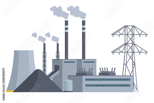 Coal power plant flat vector front view illustration, flat style, editable element