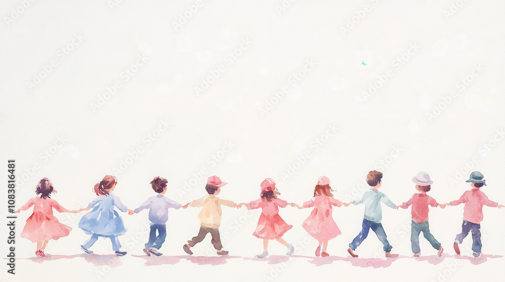 Fototapeta premium Group Dance Class Fun Concept. A colorful illustration of children holding hands in a line, symbolizing friendship and unity.