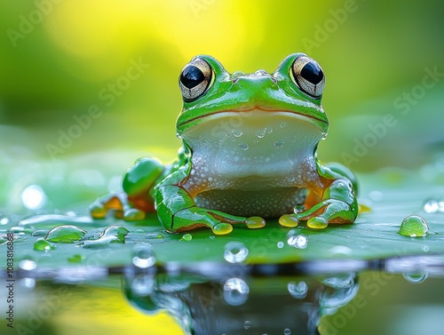 vibrant green frog perches lily pad serene wetland habitat surrounded soft foliage and glistening water droplets highlighting rich biodiversity area.