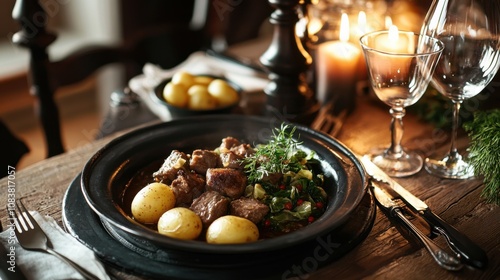 Cozy Norwegian Fårikål Stew on Traditional Wooden Table Setting photo