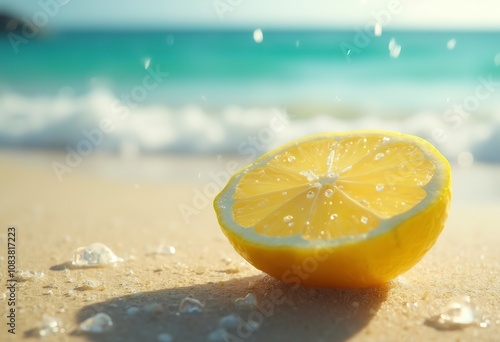 A close-up of a lemon slice with water droplets on a blurred background