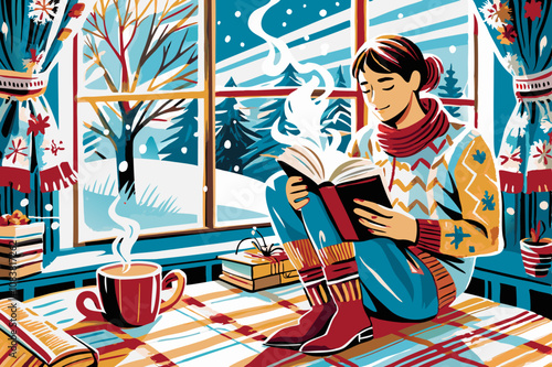 Cozy Winter Reading by the Window with a Warm Cup of Coffee