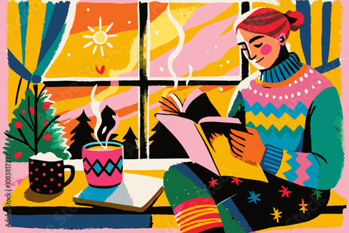 Cozy Winter Reading: Woman Enjoying a Book by the Window