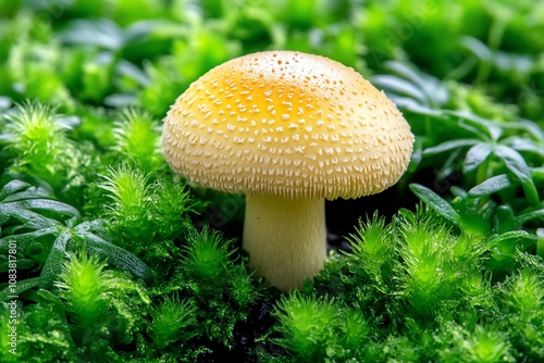 A vibrant yellow mushroom growing amidst lush green moss, showcasing nature's beauty and diversity. photo