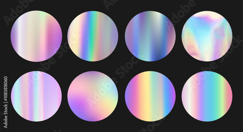Set of colorful neon stickers, blank templates, label with holographic effect. Shiny rainbow round emblems. Mockup for shopping icons. Gradient hologram. Vector EPS10