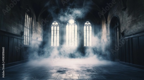 A dark, empty room with a foggy atmosphere