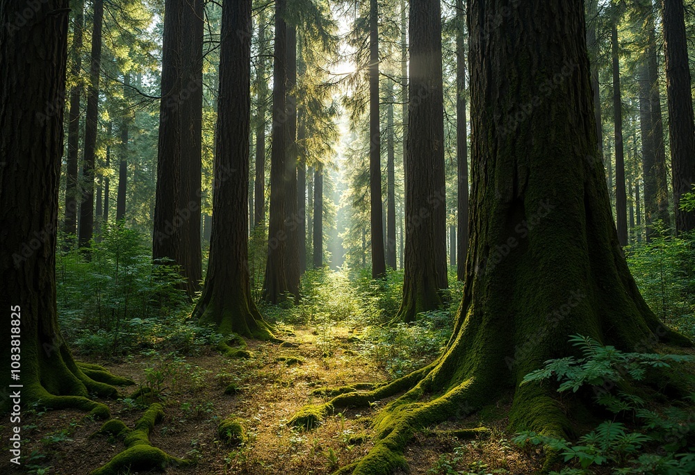 Fototapeta premium A dense forest of tall pine trees with trunks covered in moss, creating a serene and natural environment