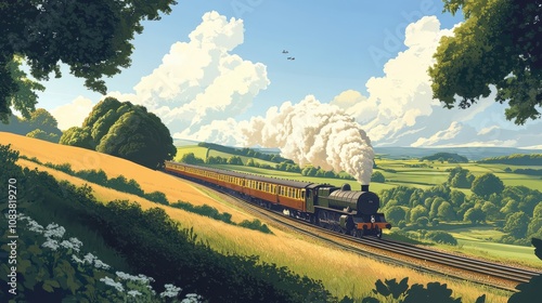 Steam train travels through scenic countryside. photo