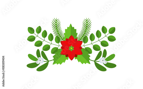 Christmas floral border. Spruce evergreen branch, poinsettia and holly berry