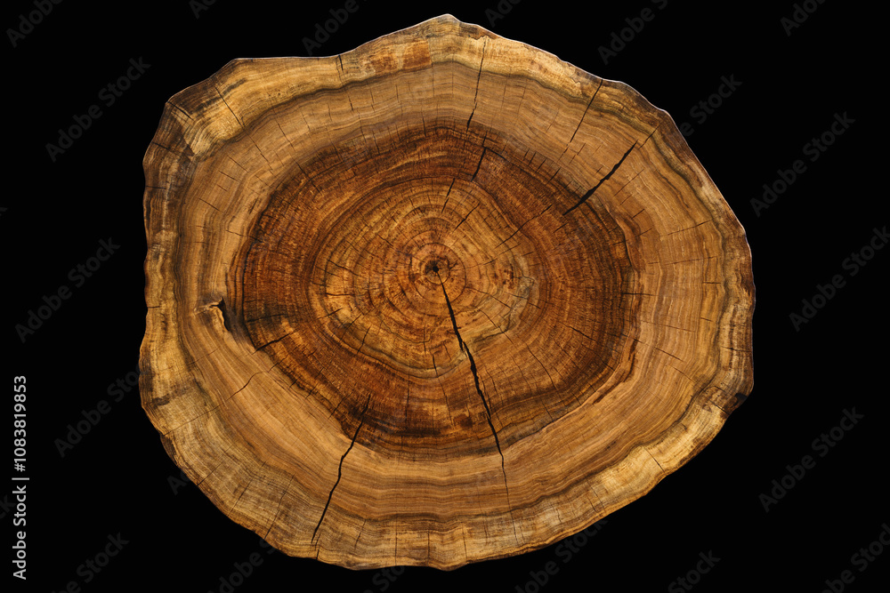 Obraz premium Circular walnut slab with cracks oil finished surface isolated on black