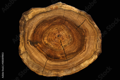 Circular walnut slab with cracks oil finished surface isolated on black