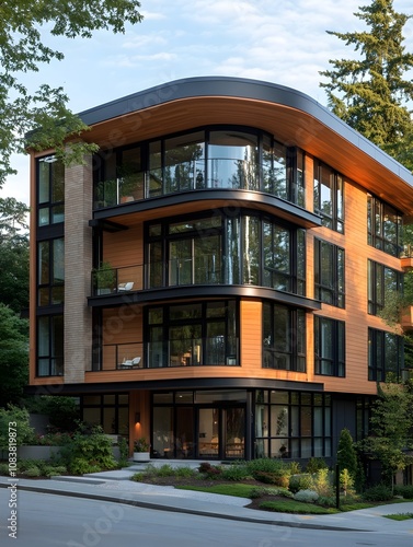 A four storey modern mid rise apartment with metal wood beige brick and glass cladding featuring an oval roof and green roof in darker earthy tones photo