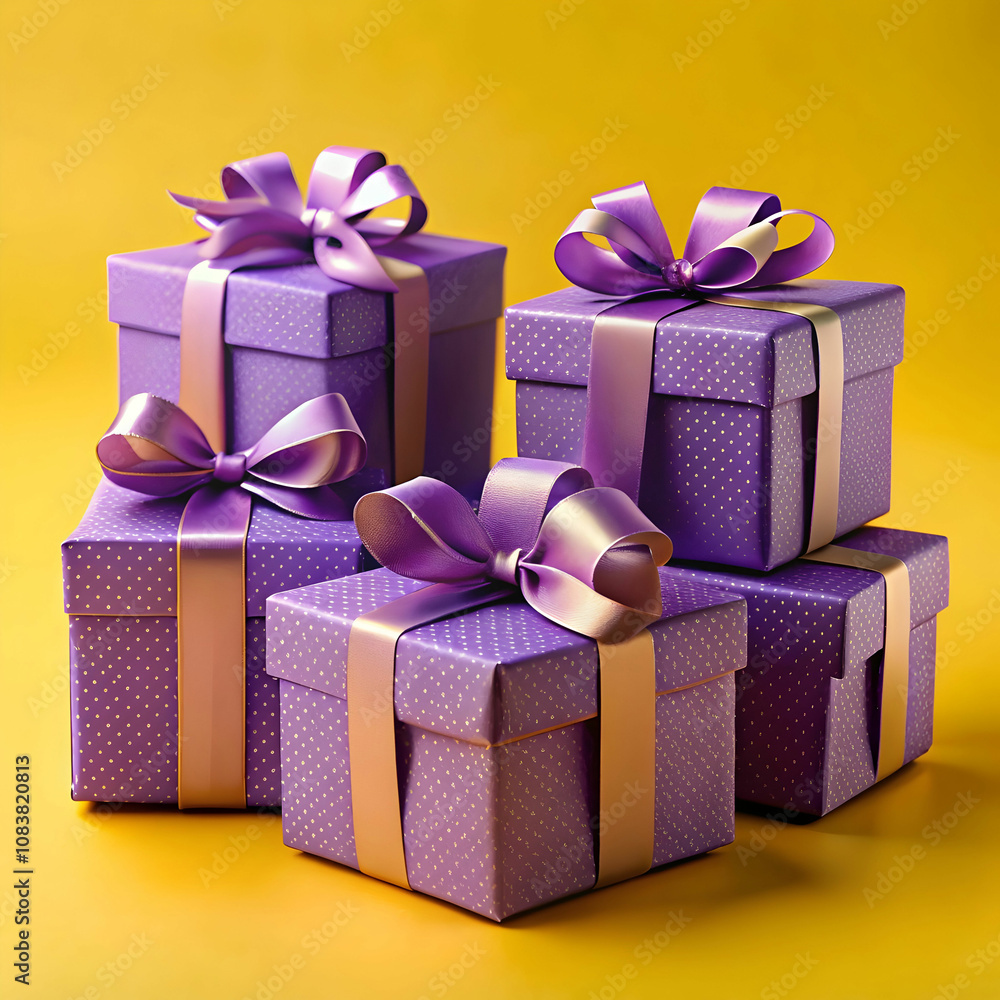 Obraz premium Purple gift boxes with elegant bows displayed against a bright yellow background