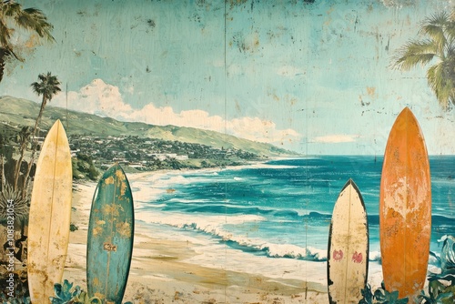 Vintage surfboard mural on a beach scene.