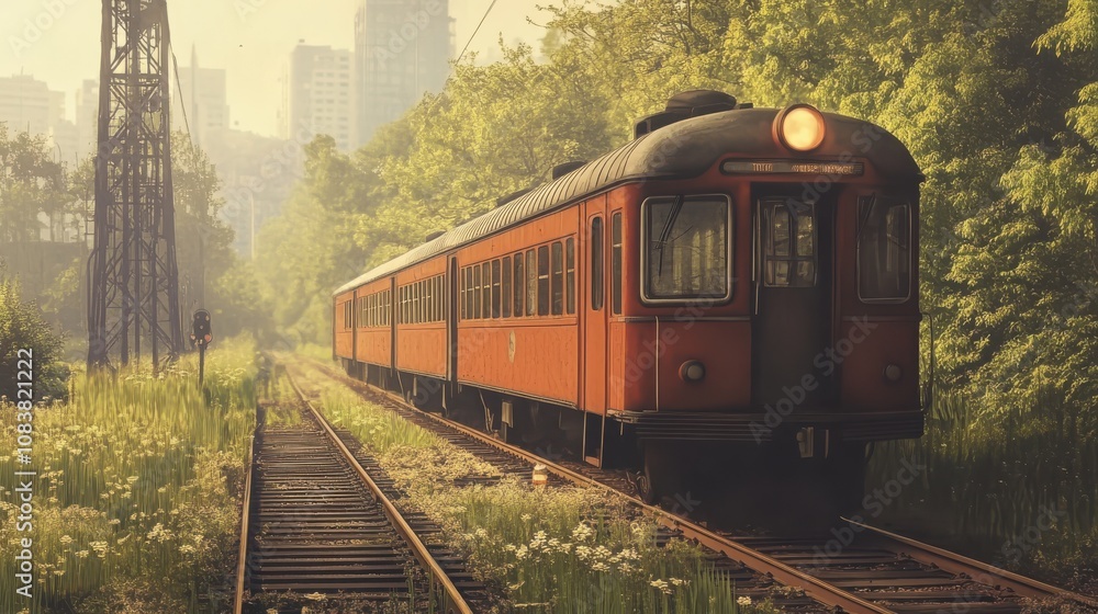 Fototapeta premium Vintage train on tracks with morning light.