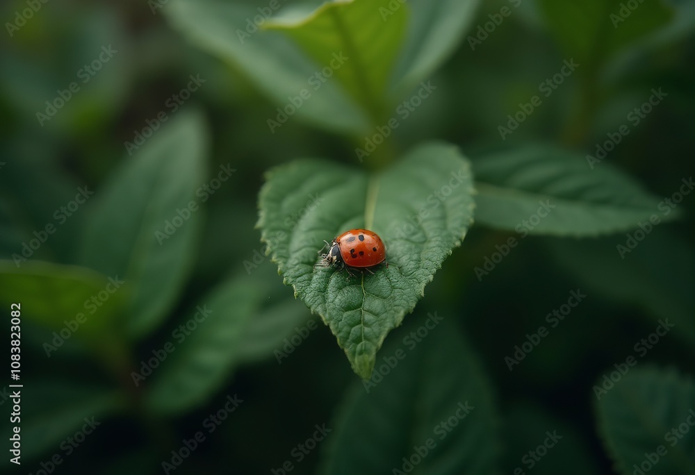 Obraz premium A red ladybug crawling on a green leaf with a blurred background