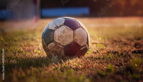 Antiguo balón de futbol, en medio de un campo de juego