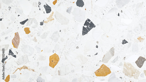 Terrazzo texture. Polished concrete floor and wall pattern. Old terrazzo flooring in seamless patterns texture , polished light gray, black and white stone for background.	