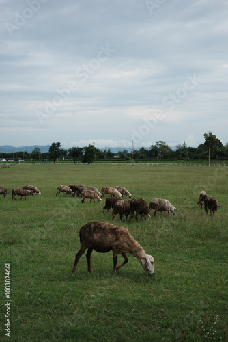 sheep dirty fur graze on grass photo