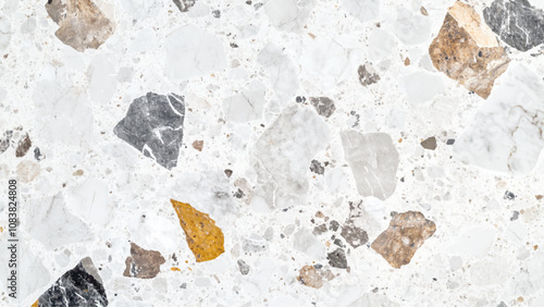 Terrazzo texture. Polished concrete floor and wall pattern. Old terrazzo flooring in seamless patterns texture , polished light gray, black and white stone for background.	