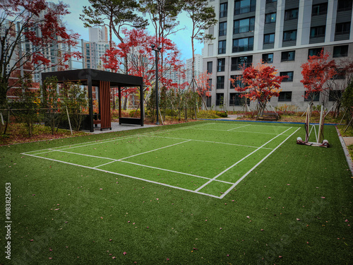 Badminton court in the middle of the park in autumn