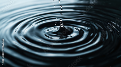 Close-up of a water droplet creating ripples on the surface of calm water with a dark, reflective appearance in a visually striking pattern. photo