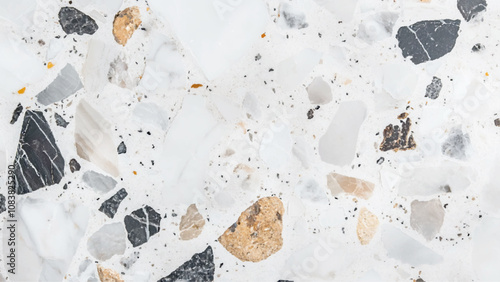 Terrazzo texture. Polished concrete floor and wall pattern. Old terrazzo flooring in seamless patterns texture , polished light gray, black and white stone for background.	