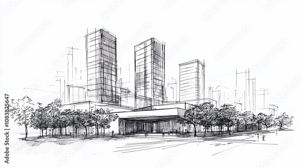Fototapeta premium Hand-drawn sketch of modern city skyline with tall buildings and trees.