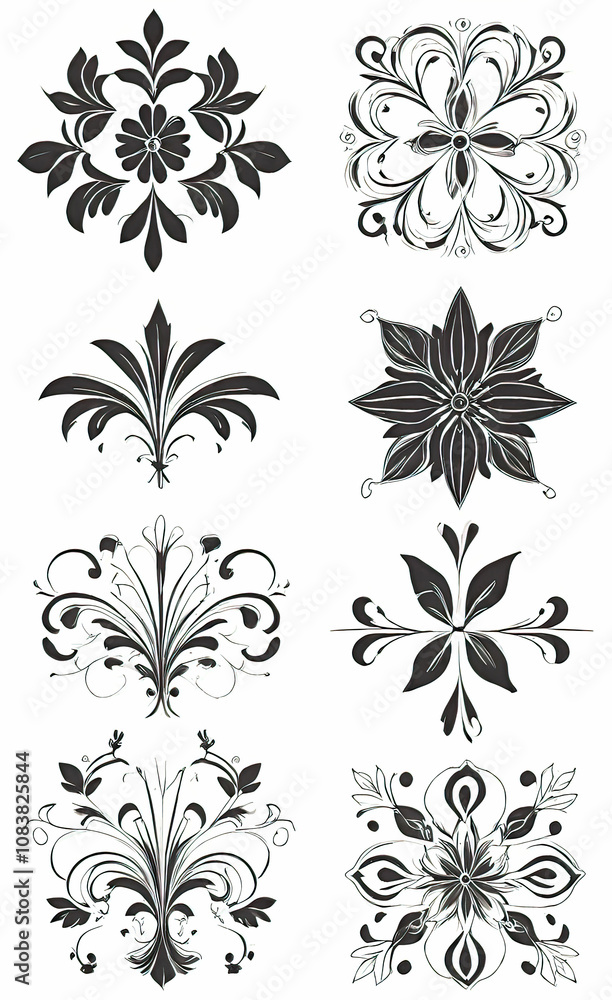 Obraz premium Set of floral corners with minimalistic plant pattern, vector illustration, monochrome, isolated on white background