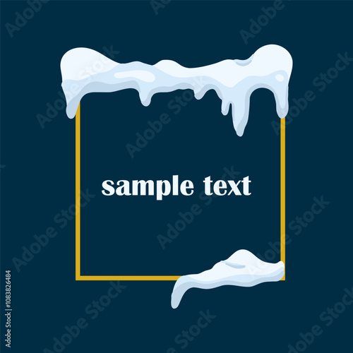 Frames with snow ice cap. Card or poster template. Snowdrifts shapes with icicles. Winter frame decoration. Snowy roof effect. Frost icy heaps. Frozen vector cartoon flat isolated illustration