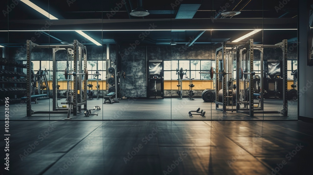 Naklejka premium A photo of gym mirrors reflecting empty space.