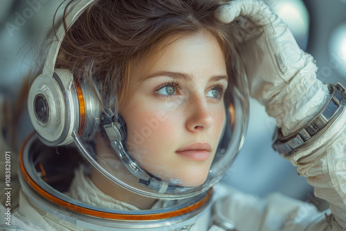 training facility female astronaut checks her helmet and gear spacecraft simulators her highlighting her dedication space exploration. photo