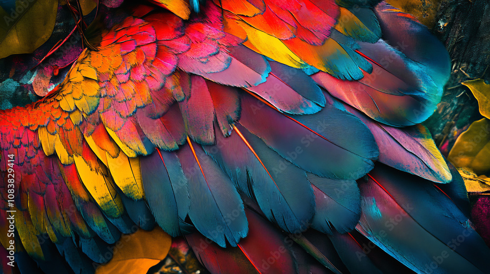 Obraz premium Vibrant Parrot Feathers, Colorful Plumage, Tropical Bird, Macro Photography, Jewel Tones