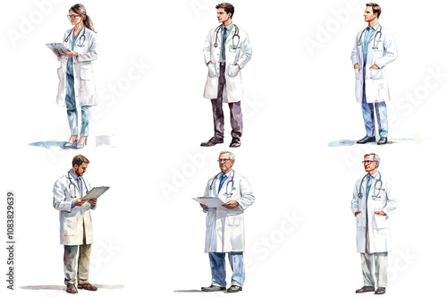 Diverse Doctors: Watercolor Illustrations, Six professional doctors,  watercolor style, medical professionals, healthcare, teamwork