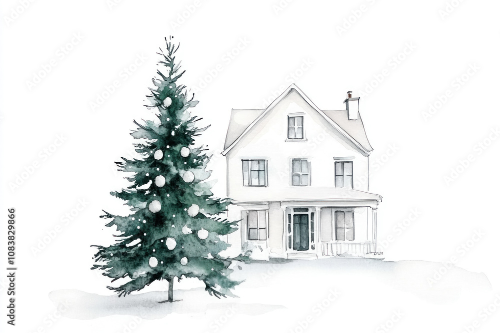 Fototapeta premium A watercolor painting showcases a two-story farmhouse, its white exterior contrasting with the dark green of a decorated Christmas tree