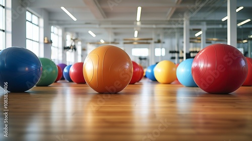 A photo of stability balls arranged in a gym setting.