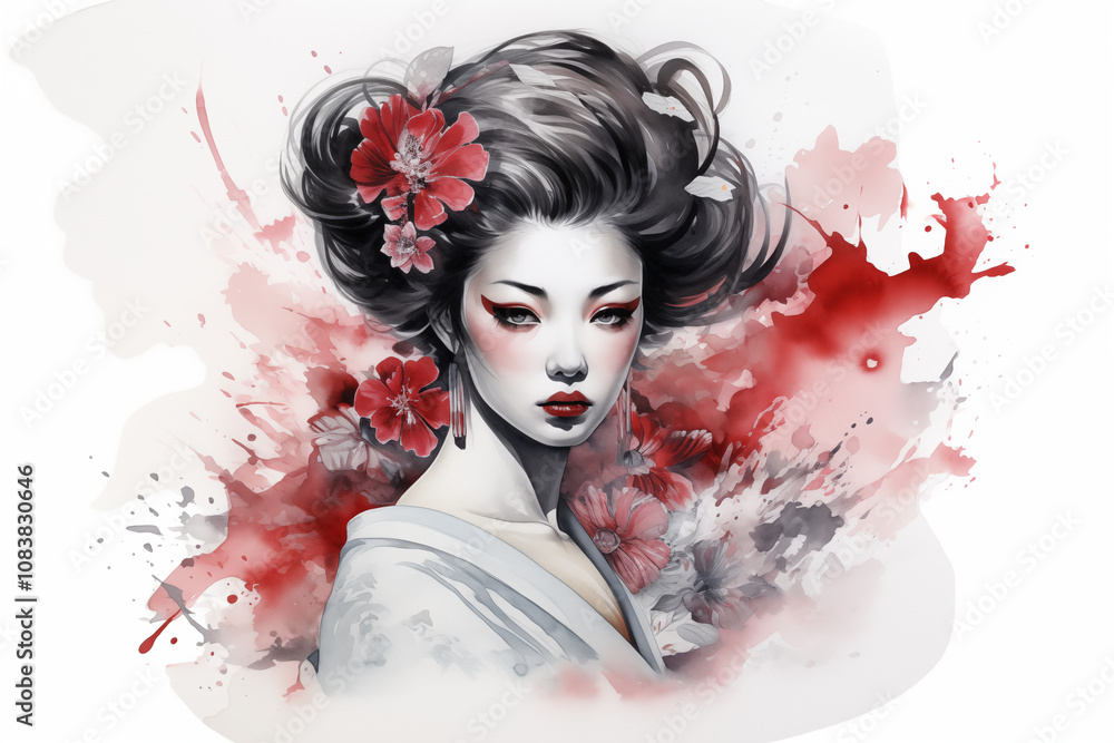 Fototapeta premium Colors geisha tattoo on white background. Japanese tattoo. Chinese tattoo. Tattoo. Tattoo ideas. For tattoo artists. Tattoo parlor. Colors ink. Isolated tattoo. 