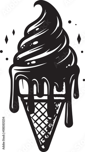 Melting Ice Cream Cone in Retro Style. A black and white vector illustration of a melting ice cream cone.