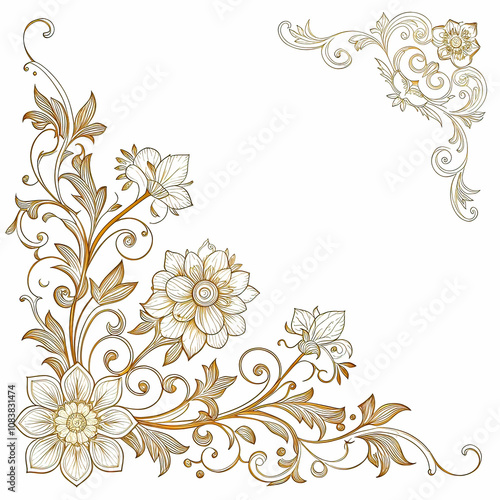 Set of floral corners with minimalistic baroque pattern, vector illustration, monochrome, isolated on white background