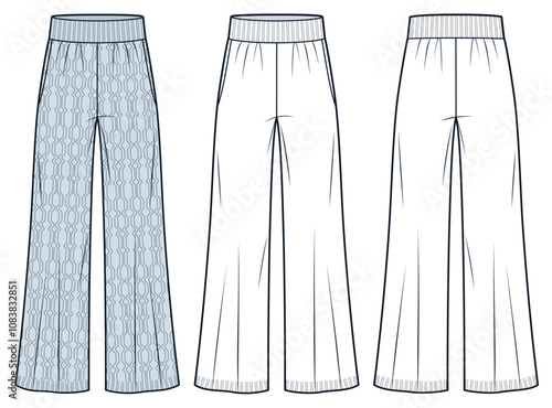 Wide Leg Knit Pants technical fashion Illustration, cable pattern. Jogger Pants fashion flat technical drawing template, pockets, front and back view, white, blue, women, men, unisex CAD mockup set.