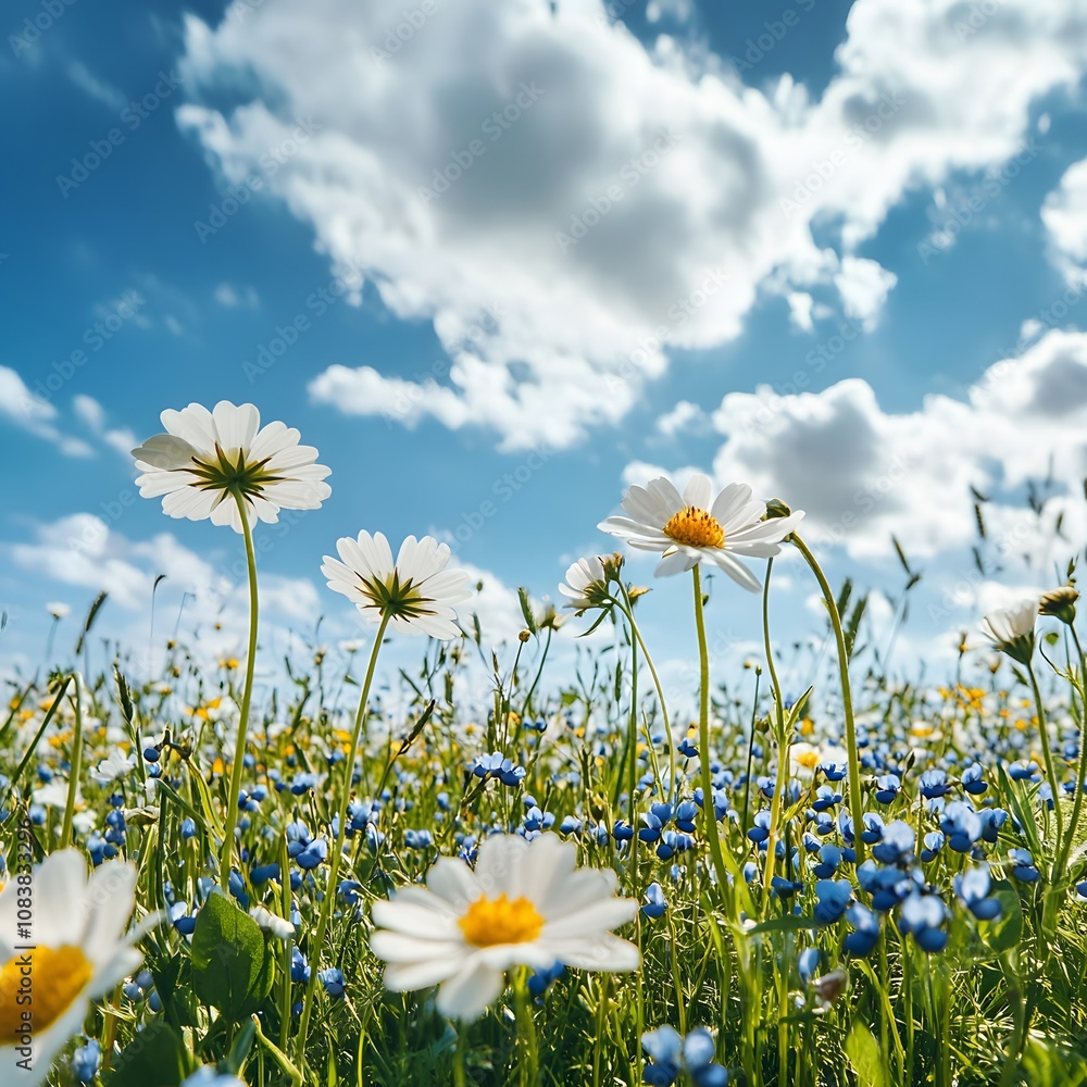 Φωτογραφία A vibrant field of wildflowers under a bright blue sky, dotted with white clouds, creating a serene and picturesque landscape