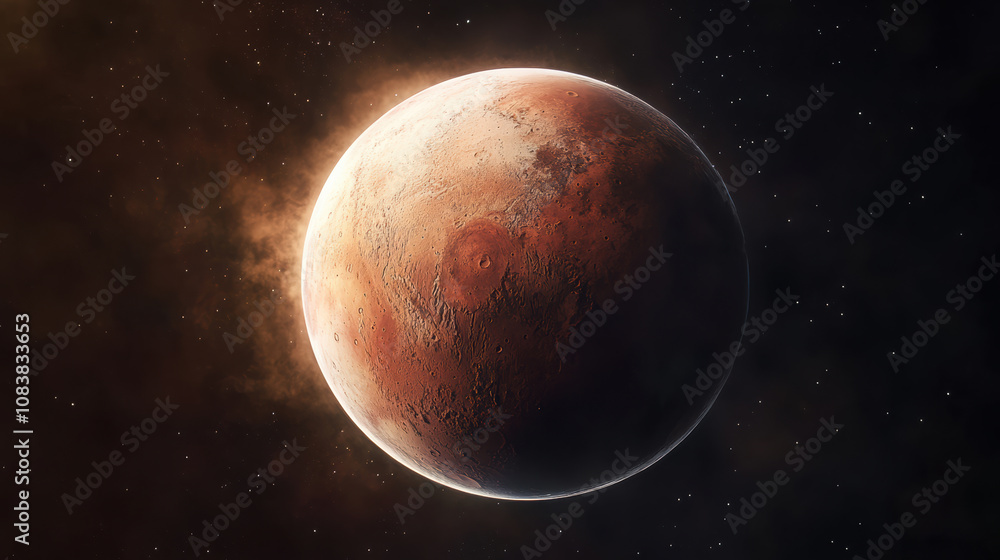 Fototapeta premium High-resolution view of Mars, showcasing its distinct red surface, craters, and atmospheric glow against a star-filled space background.