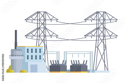 Electricity power transmission line towers, Power Grid, high electric voltage cables. Flat vector illustration