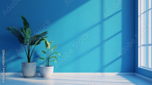 A blue room with two potted plants and a window