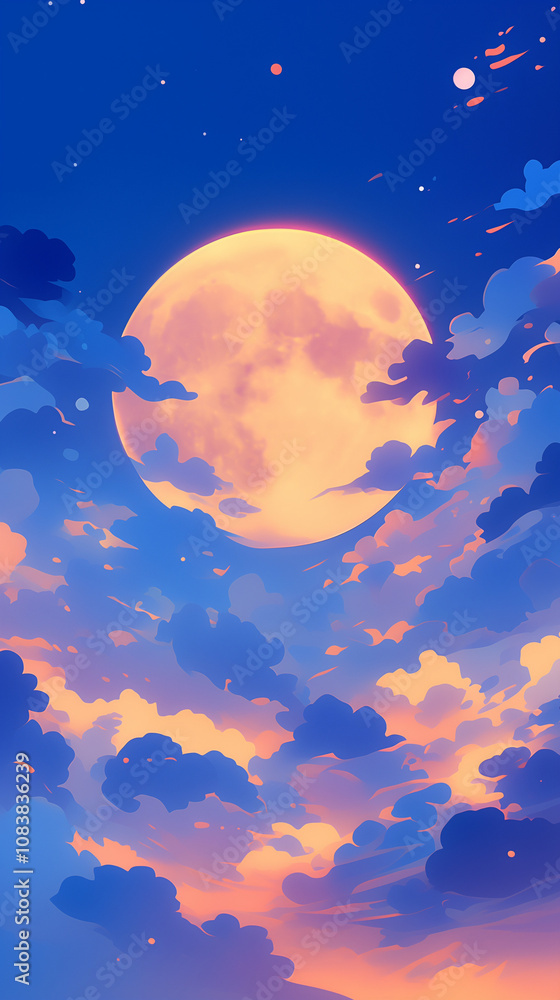 Naklejka premium sky with moon, night sky and moon, Full moon night, animation style, mysterious and fantastical landscape, cartoon style